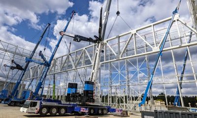 Stahlfachwerk-Hauptbinder bei der Montage, Bild: Smart Mobility Lab Hoyerswerda, Generalübernehmer: GOLDBECK Ost GmbH, Niederlassung Sachsen